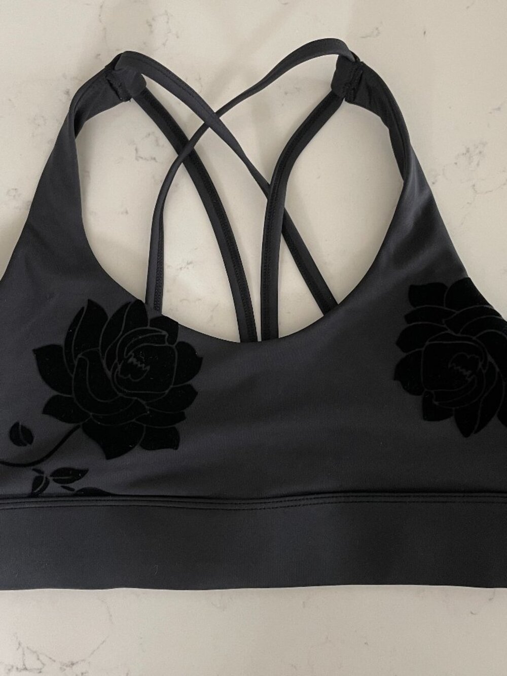ZYIA Active Monochromatic Raised Floral Polyester Spandex Sports Bra Black Sz M
